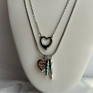 Layered Turquoise and Silver Heart Charms, Pendant Necklace